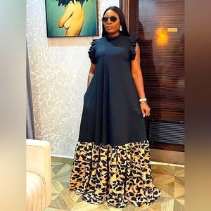 Dress w/ flutter sleeve, leopard print, floor length, mock neck detail maxi boho